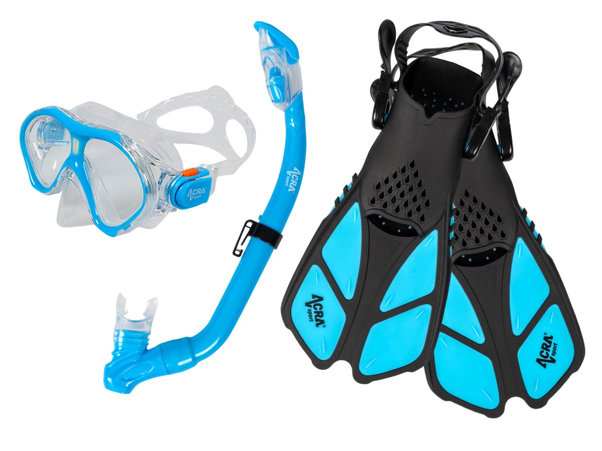 Snorkelling set 3 in 1, CHILD, BLUE, includes mask, fins and snorkel