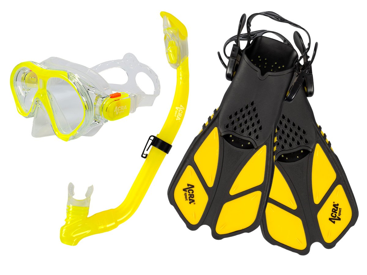 Snorkelling set 3 in 1, CHILD, YELLOW, includes mask, fins and snorkel