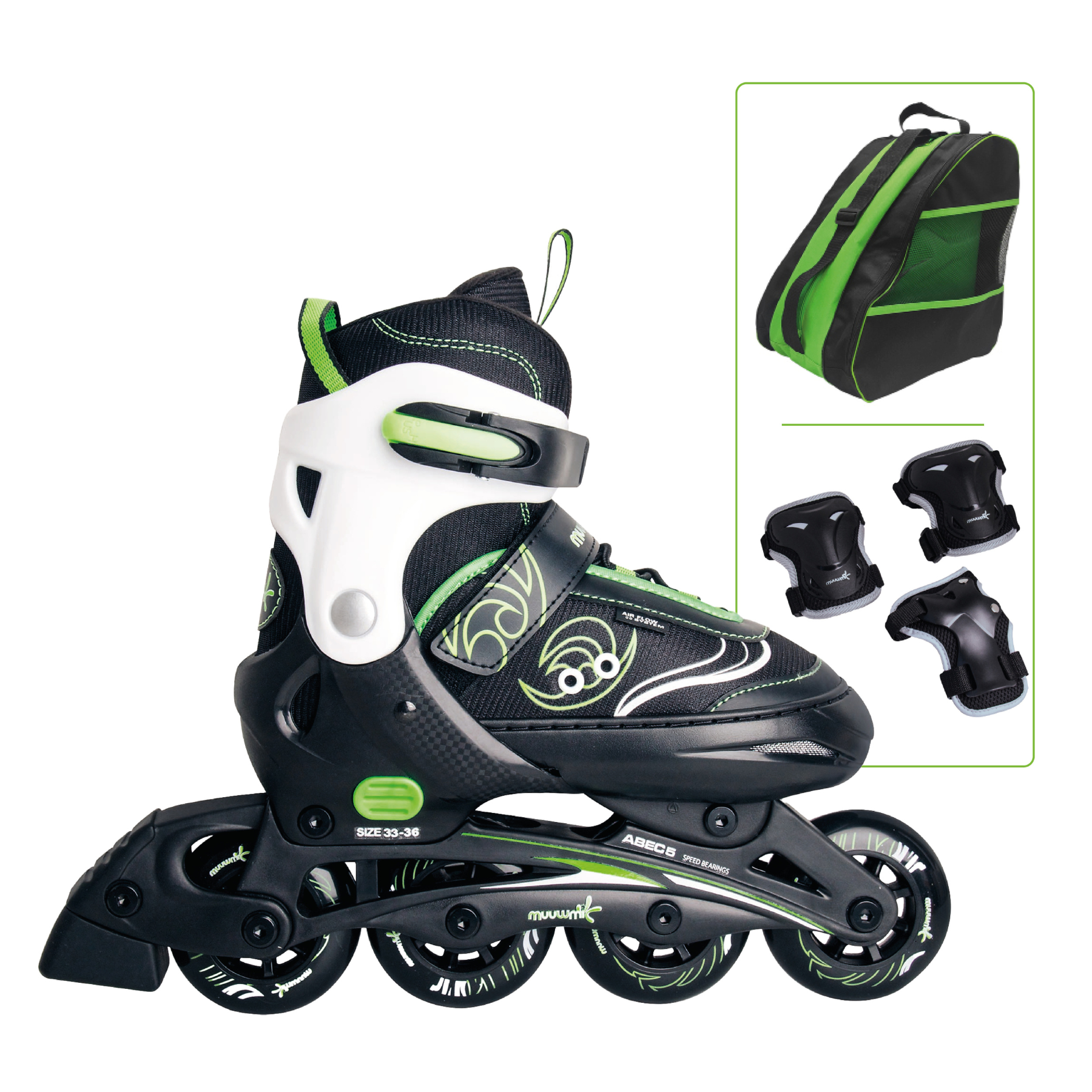 Muuwmi SET Set. children's inline skates, green size 37-40, pads, bag