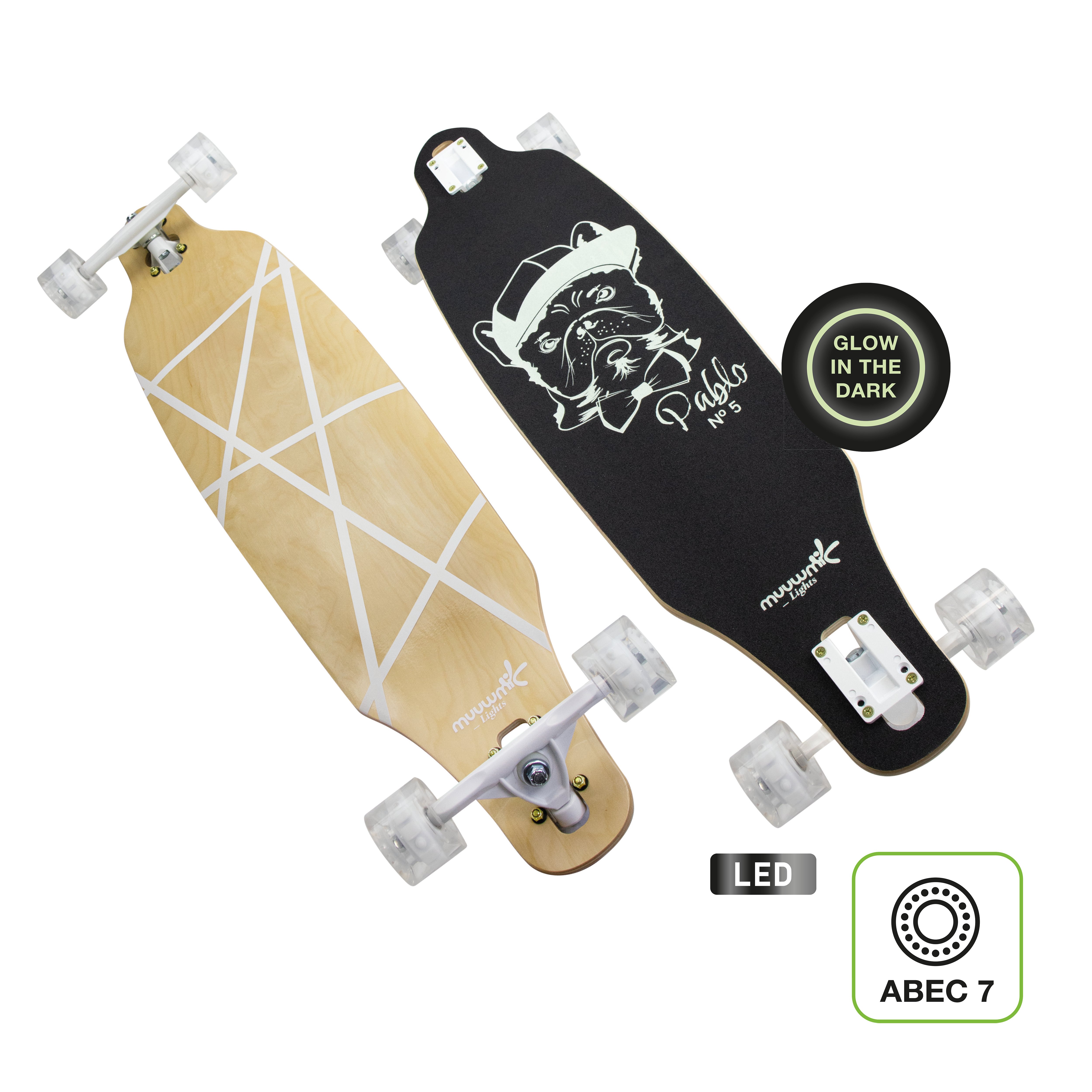 Muuwmi Longboard GLOW ABEC 7 PABLO, illuminated wheels, light effect