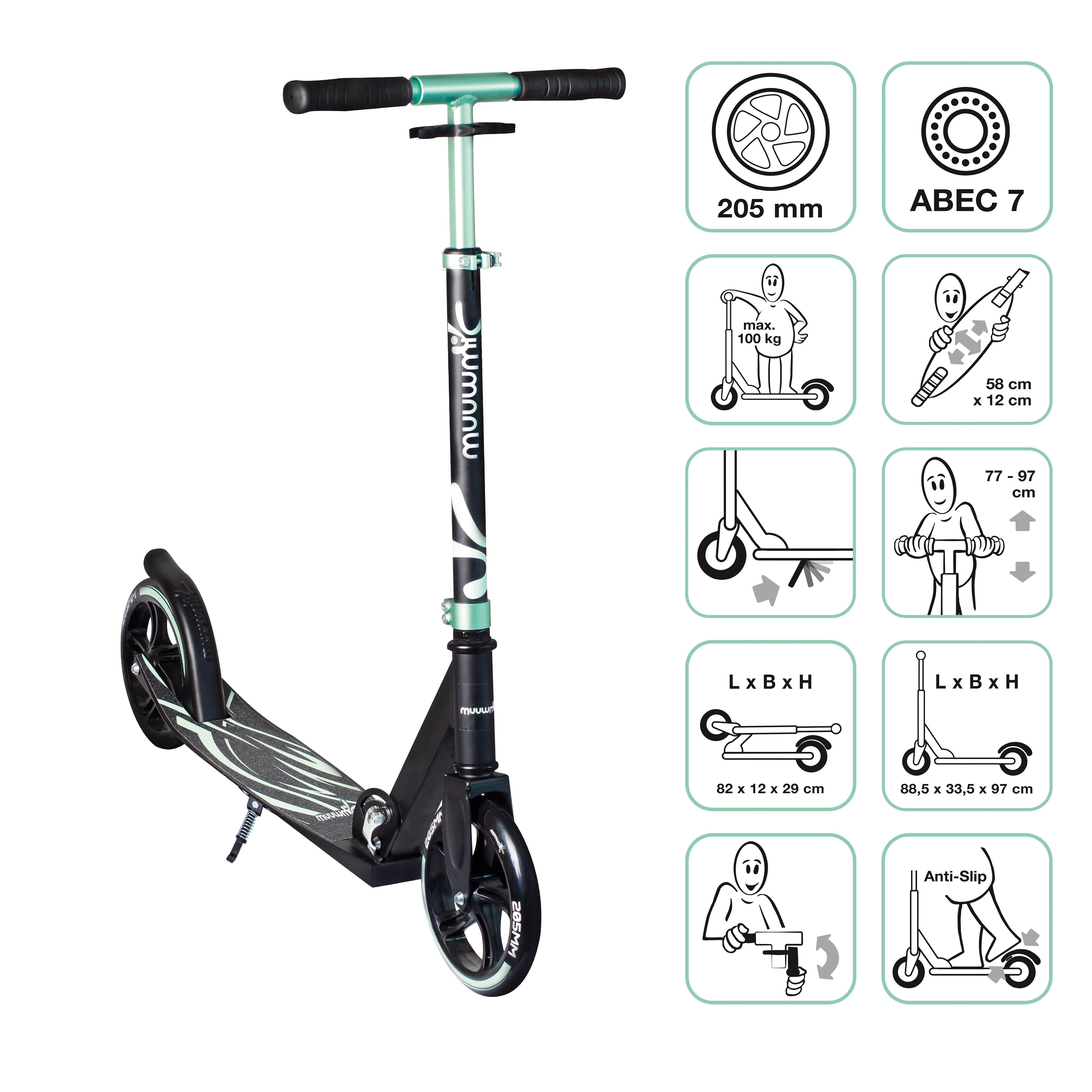 Muuwmi Aluminium scooter Plus 205 mm mint black